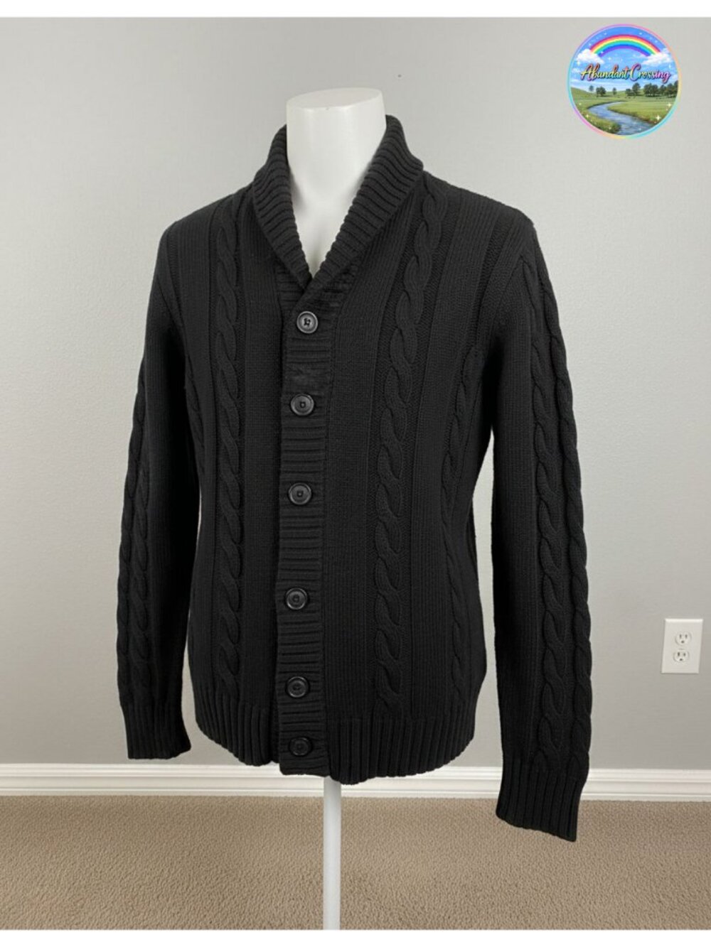 Cable Knit Button Down Cardigan Sweater Mock Neck Long Sleeve